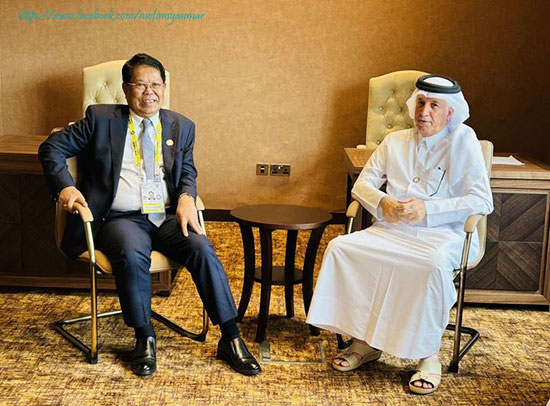 ယူဂန်ဒါနိုင်ငံ၊ ကမ်ပါလာမြို့၌ ကျင်းပသည့် ဘက်မလိုက်လှုပ်ရှားမှုအဖွဲ့၏ နိုင်ငံခြားရေးဝန်ကြီးများ အစည်းအဝေးကာလအတွင်း ဒုတိယဝန်ကြီးချုပ်နှင့် နိုင်ငံခြားရေးဝန်ကြီးဌာန၊ ပြည်ထောင်စုဝန်ကြီး ဦးသန်းဆွေက ကာတာနိုင်ငံ၏ State Minister for Foreign Affairs ဖြစ်သူ Mr. Soltan bin Saad Al-Muraikhi နှင့် တွေ့ဆုံ