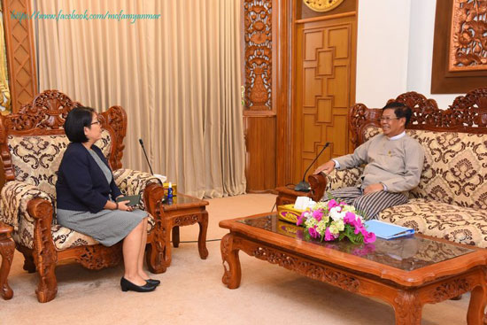ဒုတိယဝန်ကြီးချုပ်နှင့် နိုင်ငံခြားရေးဝန်ကြီးဌာန၊ ပြည်ထောင်စုဝန်ကြီး ဦးသန်းဆွေက ကုလသမဂ္ဂ ဒုက္ခသည်များဆိုင်ရာ မဟာမင်းကြီးရုံး၏ မြန်မာနိုင်ငံဆိုင်ရာ ကိုယ်စားလှယ် Ms. Noriko Takagi အား လက်ခံတွေ့ဆုံ