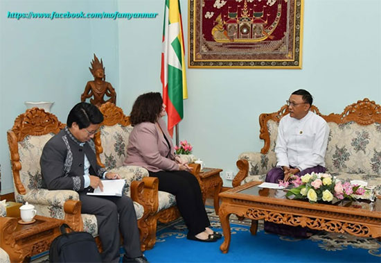 နိုင်ငံခြားရေးဝန်ကြီးဌာန ဒုတိယဝန်ကြီး ဦးကိုကိုကျော် ဗန်ကောက်မြို့အခြေစိုက် ကုလသမဂ္ဂအမျိုးသမီးအဖွဲ့ (UN Women) ရုံး၏ အာရှနှင့် ပစိဖိတ်ဒေသဆိုင်ရာ ညွှန်ကြားရေးမှူး Ms. Christine Arab အား လက်ခံတွေ့ဆုံ